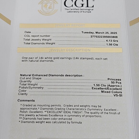 14K White Gold Blue Diamond Cross Princess Stud Earrings 1.50TCW 4.13 Grams - Picture 15 of 16